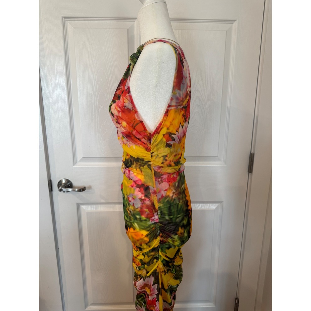 Zara Floral Mesh Midi Dress Womens Medium Ruched Bodycon Sleeveless Sheer - Picture 2 of 6